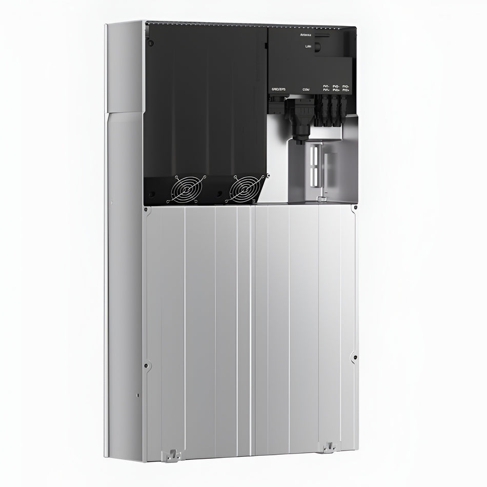 A Fox ESS Inverter and battery conversion unit with a silver metallic lower body and a black upper control panel section, shown against a plain white background.