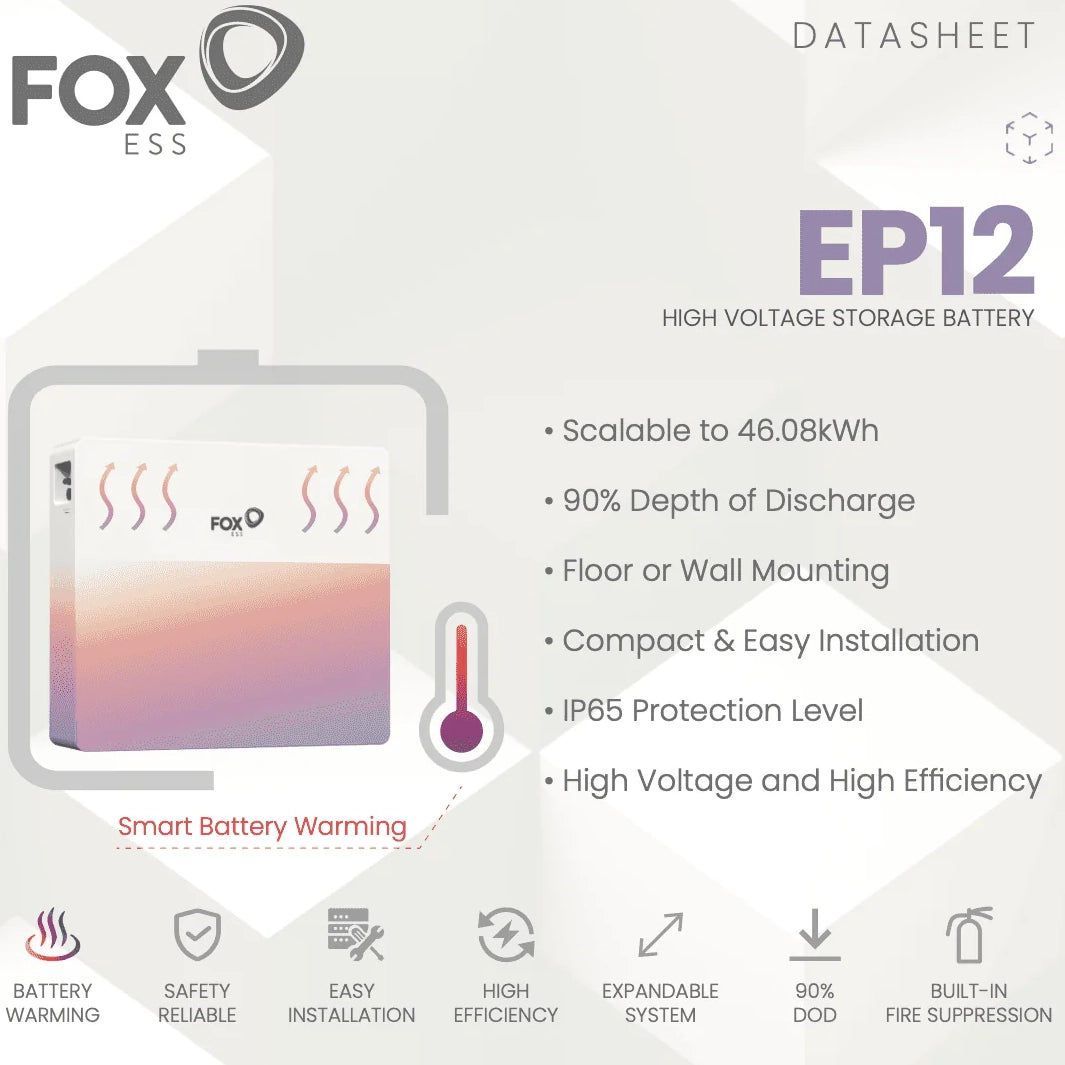 Fox ESS EP12 Plus 11.52kWh 384V LiFePO4 High Voltage Battery with Heating Element – IP65, Scalable to 46.08kWh, 10-Year Warranty