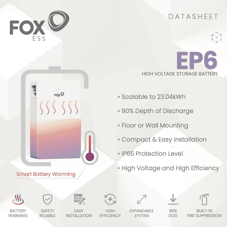Fox ESS EP6 Plus 5.76kWh 192V LiFePO4 High Voltage Battery with Heating Element – IP65, Scalable to 23.04kWh, 10-Year Warranty