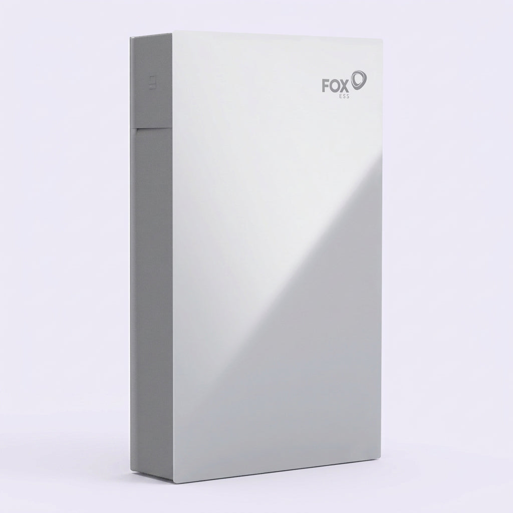 A silver and white Fox ESS EVO All-in-One hybrid inverter with battery electronic device with a vertical side panel, featuring the FOX  logo on the top right, set against a clean white background.
