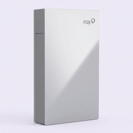A silver and white Fox ESS EVO All-in-One hybrid inverter with battery electronic device with a vertical side panel, featuring the FOX  logo on the top right, set against a clean white background.