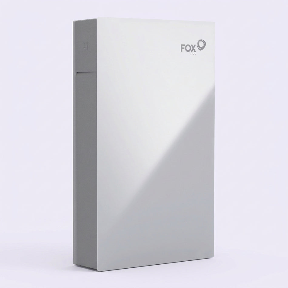 A silver and white Fox ESS EVO All-in-One hybrid inverter with battery electronic device with a vertical side panel, featuring the FOX  logo on the top right, set against a clean white background.