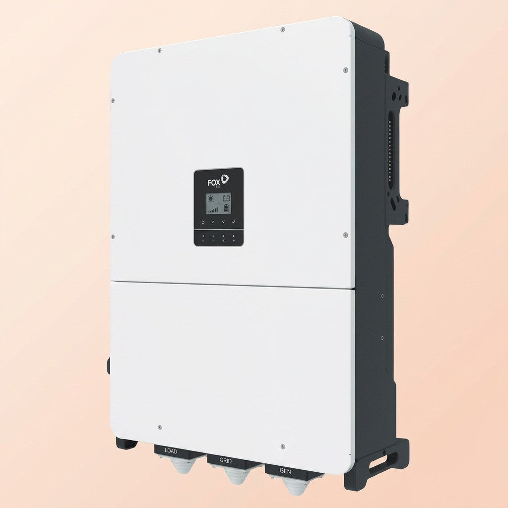 A Fox Inverter DC power unit with a white front panel and black side housing, featuring a central digital display screen, set against a soft peach background.