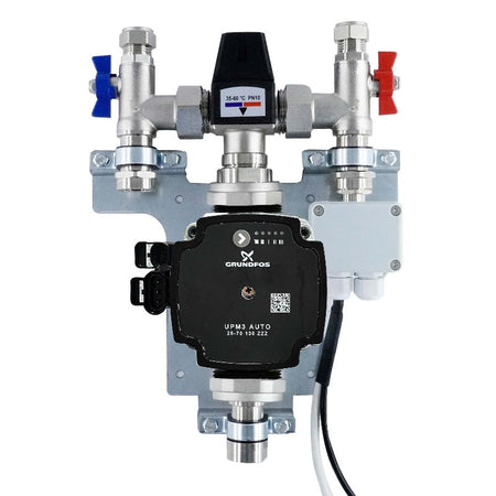 Grundfos pump with valves on a white backgroundGrundfos Single Circuit Pump & Esbe Mixing Valve Unit