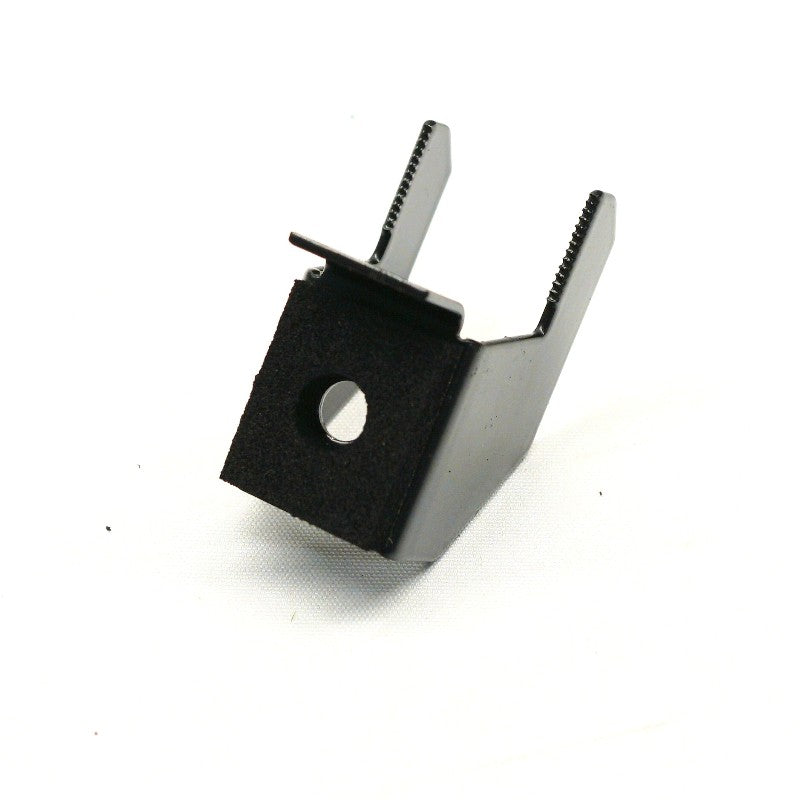 A small black metal bracket or hardware piece with a square base, circular hole, and two angled prongs, photographed on a plain white background.