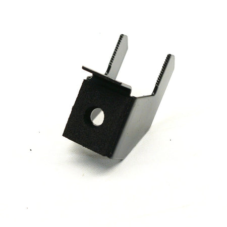 A small black metal bracket or hardware piece with a square base, circular hole, and two angled prongs, photographed on a plain white background.