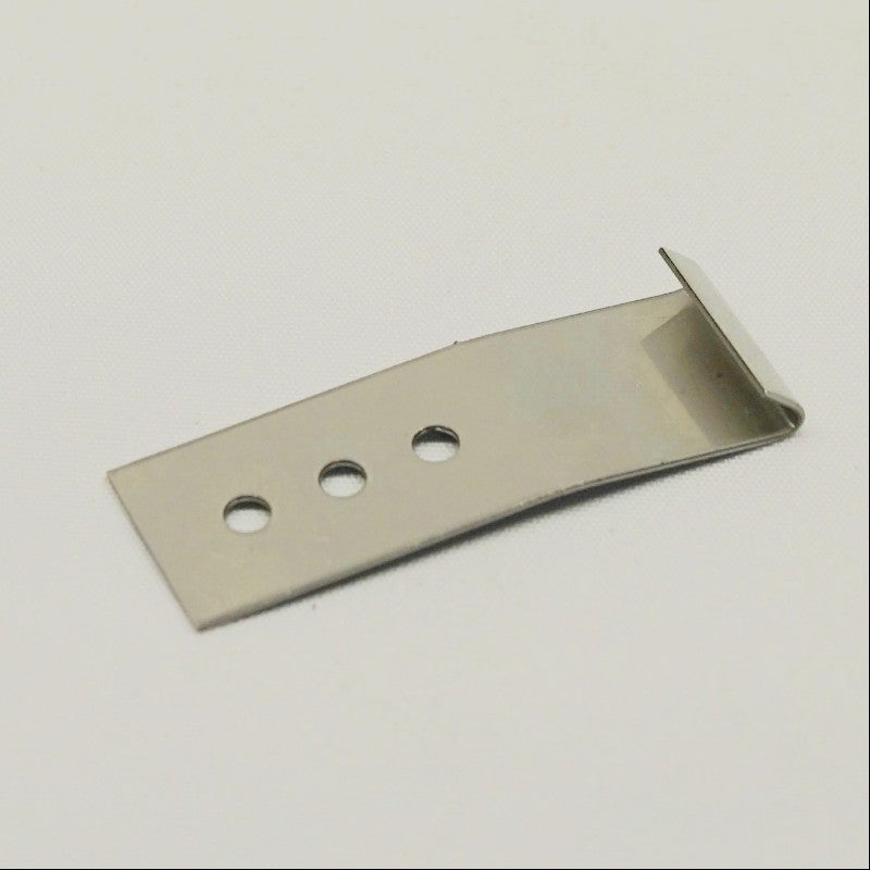 Metal bracket with three holes on a white background