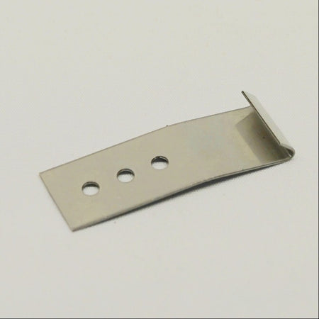 Metal bracket with three holes on a white background