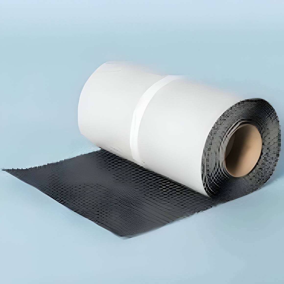 A roll of black textured adhesive felt or mesh sheeting, partially unrolled, shown on a light blue studio background.