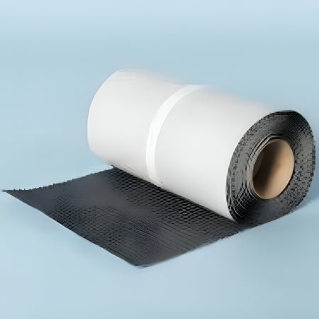 A roll of black textured adhesive felt or mesh sheeting, partially unrolled, shown on a light blue studio background.