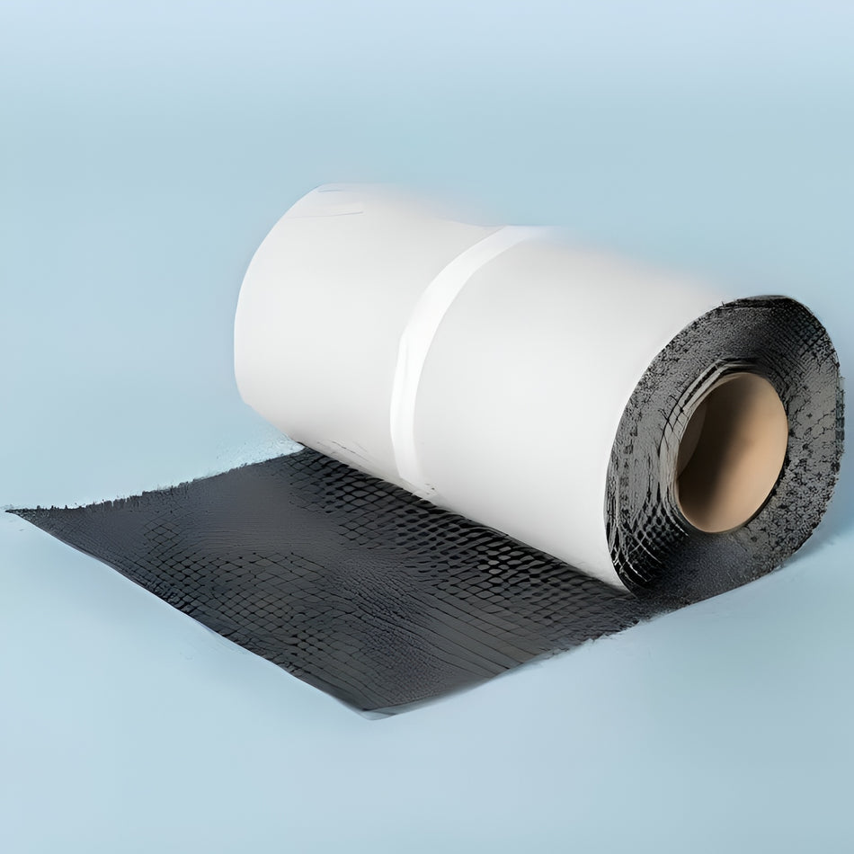 A roll of black textured adhesive felt or mesh sheeting, partially unrolled, shown on a light blue studio background.
