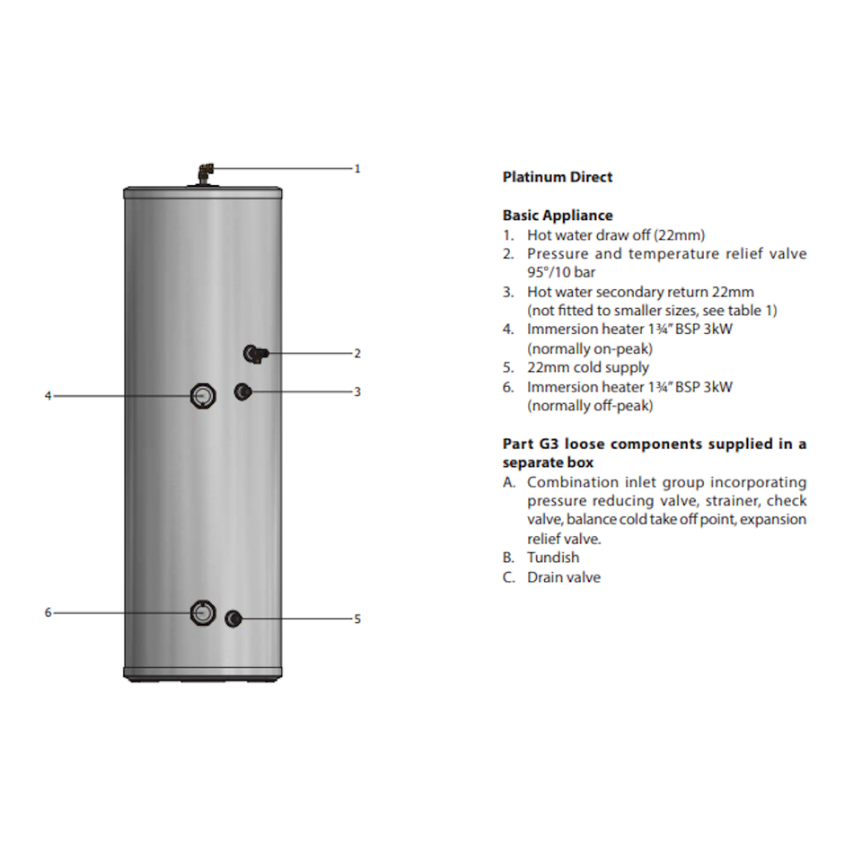 Gledhill Stainless Platinum Unvented 210 Litre Cylinder - Direct