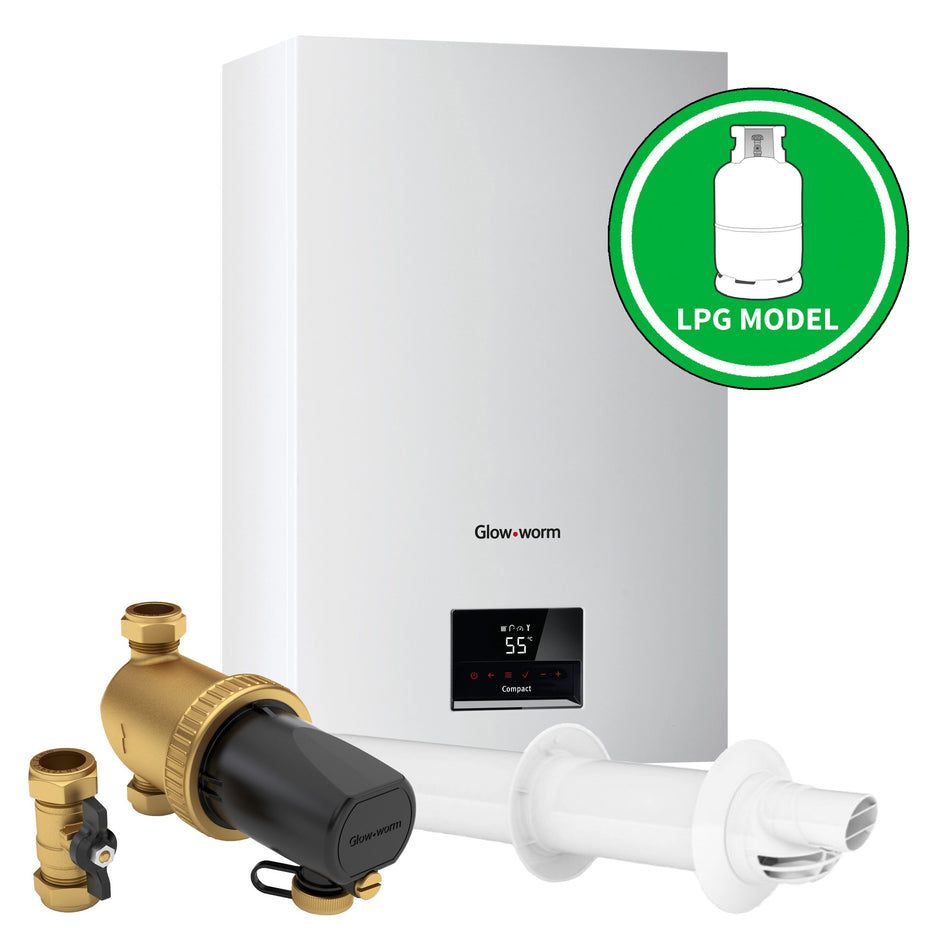 Glow-worm Compact 24C LPG Combi Boiler, Horizontal Flue and System Filter