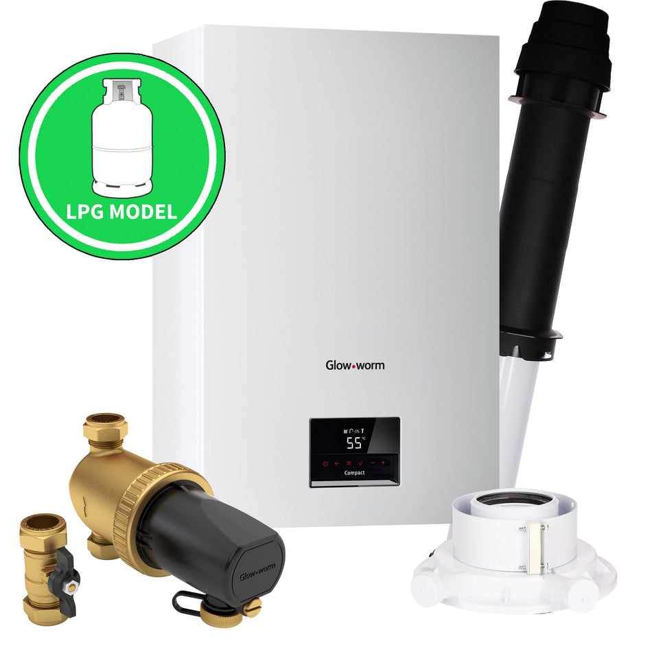 Glow-worm Compact 24C LPG Combi Boiler, Vertical Flue, Adaptor and System Filter