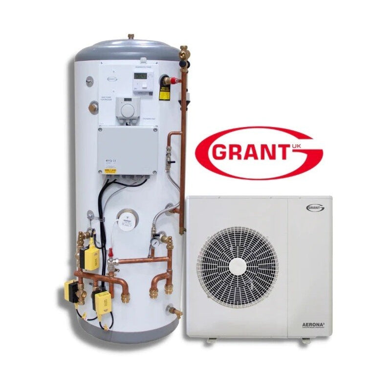 Grant Aerona3 10kW Heat Pump and 210L pre-plumbed cylinder with installation pack for efficient heating solutions.