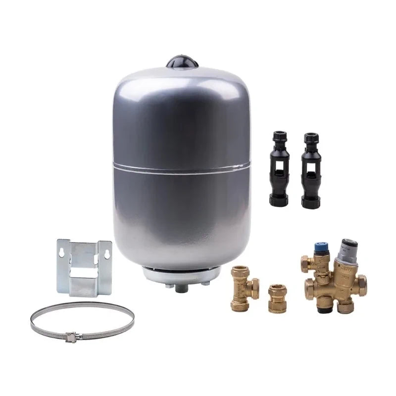 Water storage tank with plumbing components on a white background