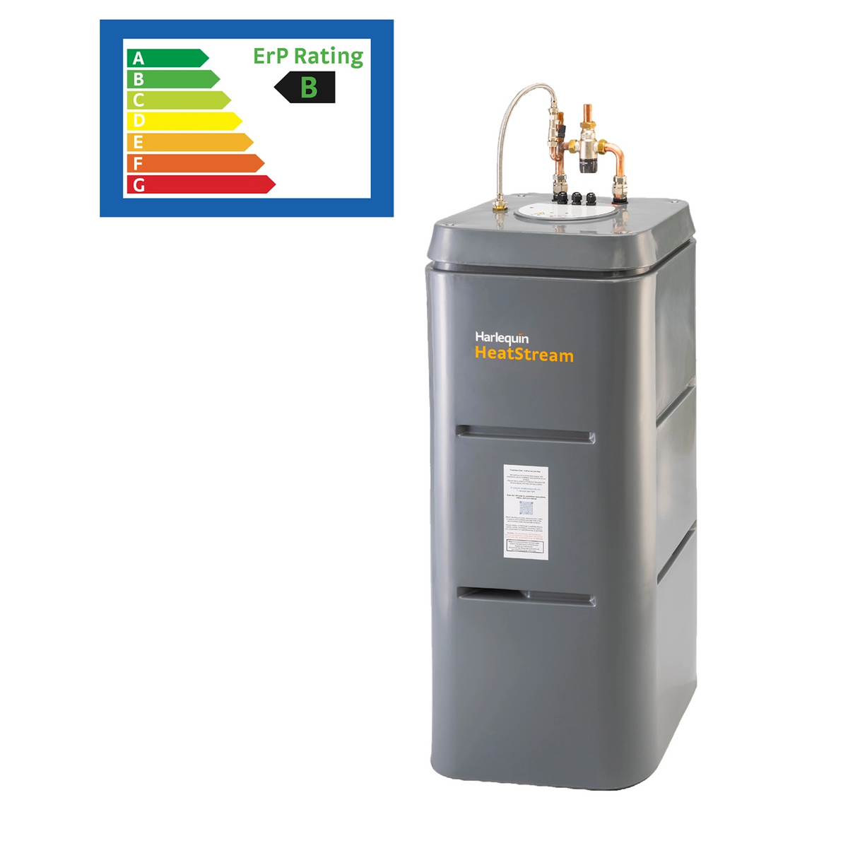 Harlequin Heatstream boiler with energy rating label on a white background