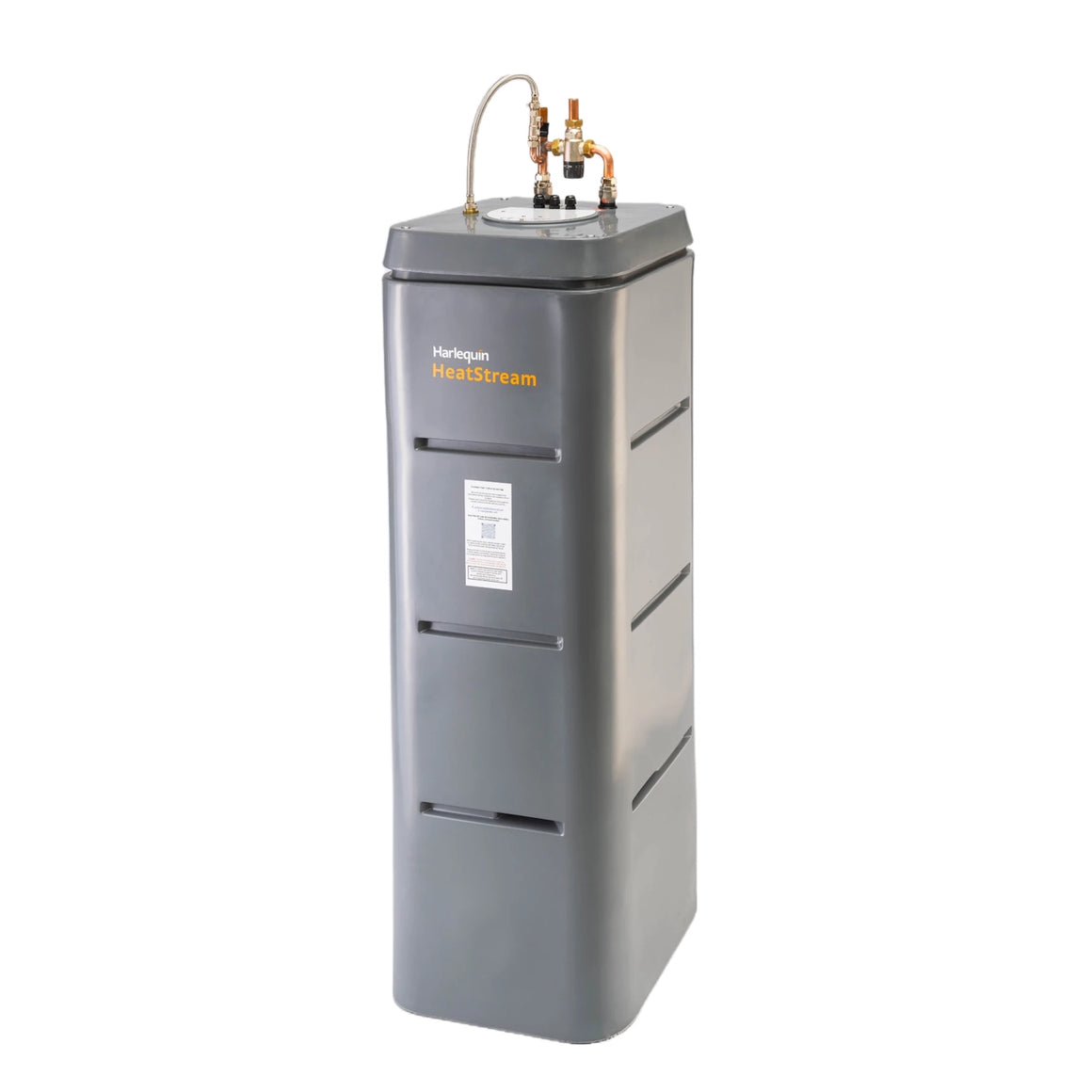 Gray Harlequin HeatStream water heater on a white background
