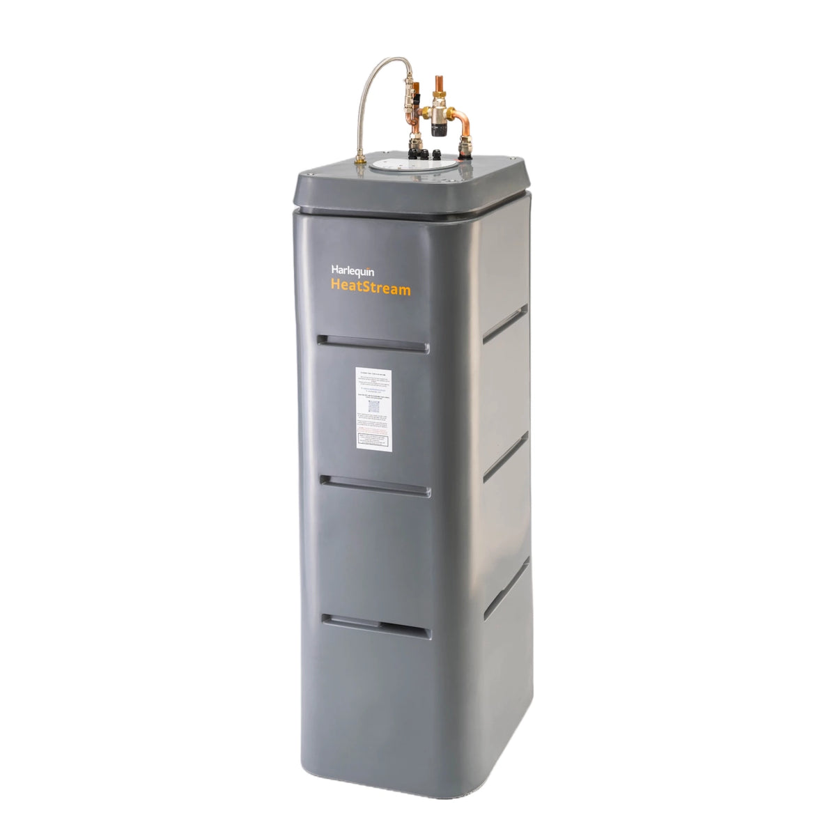 Gray Harlequin HeatStream water heater on a white background