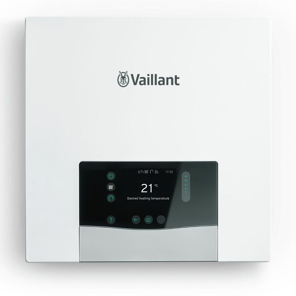 A Vaillant wall-mounted heating control unit in white with a black digital touch display panel near the bottom center, shown against a clean white background.
