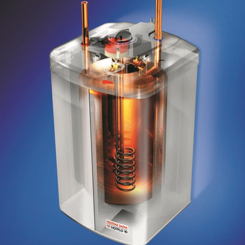 Heatrae Sadia Hotflo 10L unvented water heater showing internal heating element and design features
