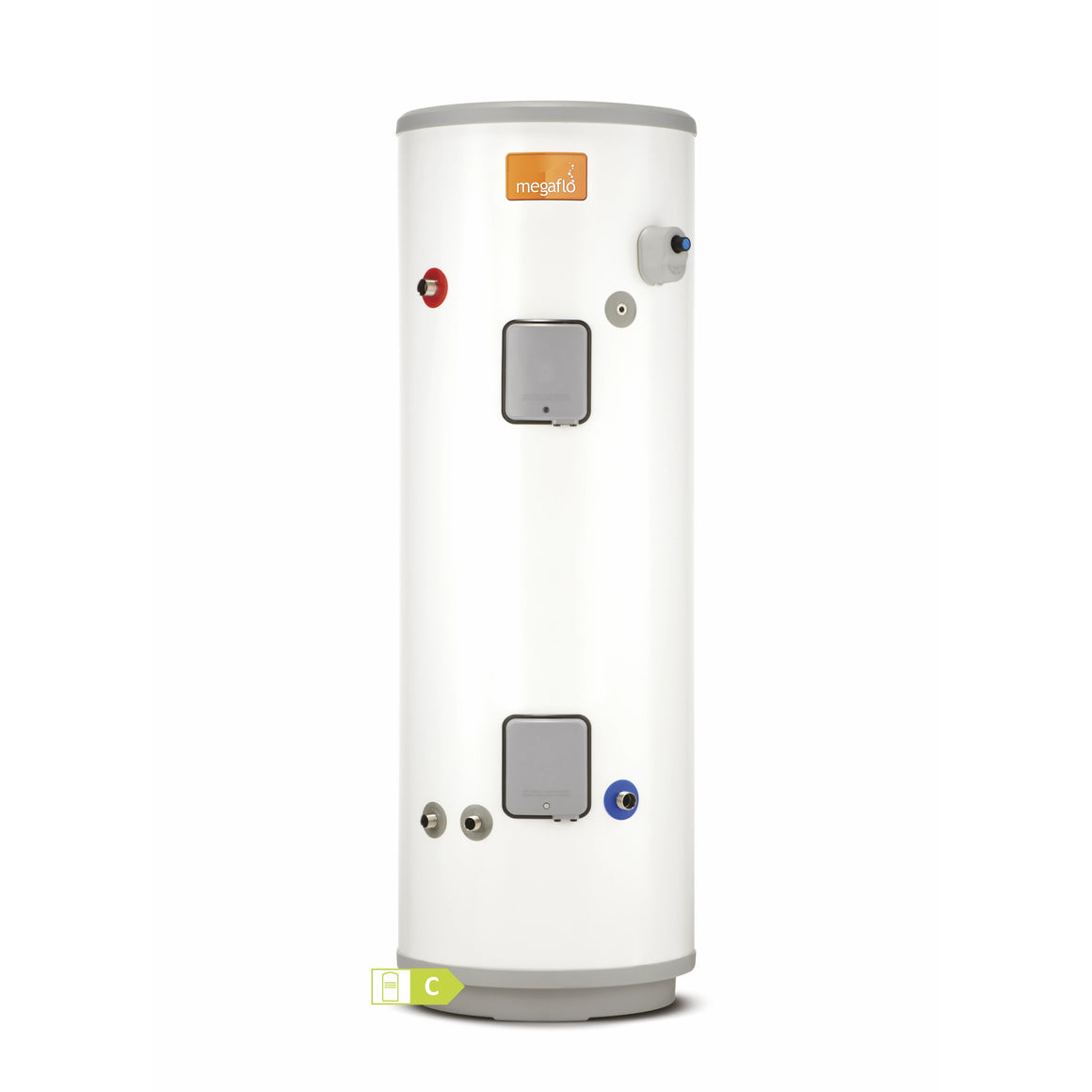 Megaflo White cylindrical water heater with brand logo on a white background