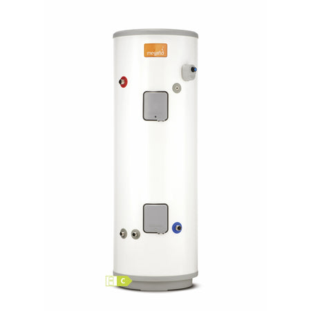 Megaflo White cylindrical water heater with brand logo on a white background