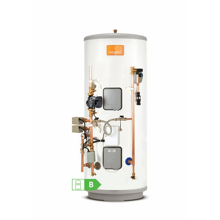 A white Megaflo water tank with copper piping, grey metal valves, and a green B-flush indicator sticker, shown on a solid white background.