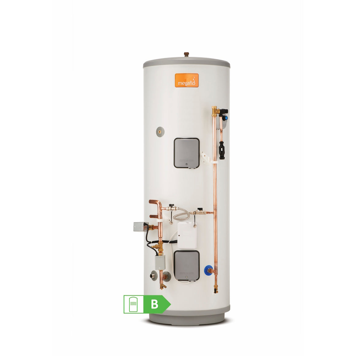 A vertical white cylindrical water heater with copper piping, gray access panels, and an orange 'megaflo' logo near the top, shown on a plain white background with a small green fuel icon at the bottom.