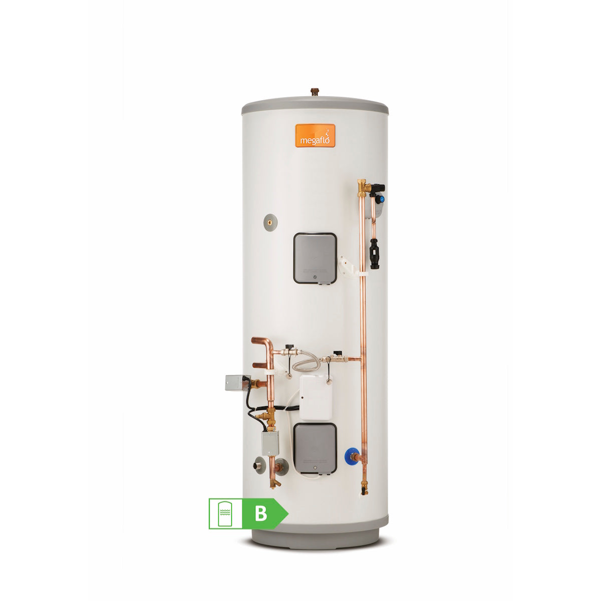 A vertical white cylindrical water heater with copper piping, gray access panels, and an orange 'megaflo' logo near the top, shown on a plain white background with a small green fuel icon at the bottom.
