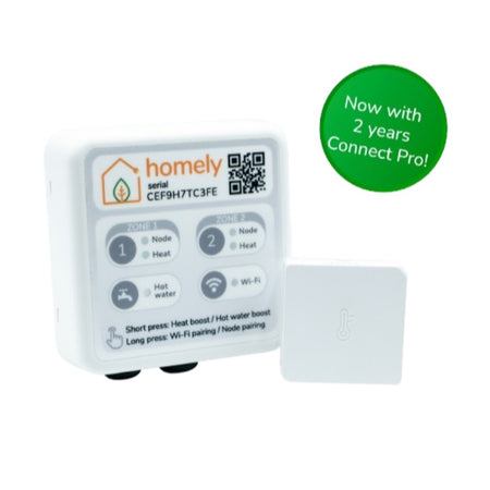 Homely smart home device with label indicating 2 years of Connect Pro service on a white background