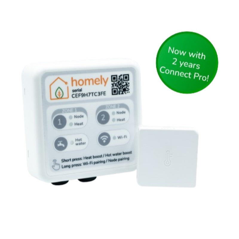 Homely smart home device with label indicating 2 years of Connect Pro service on a white background