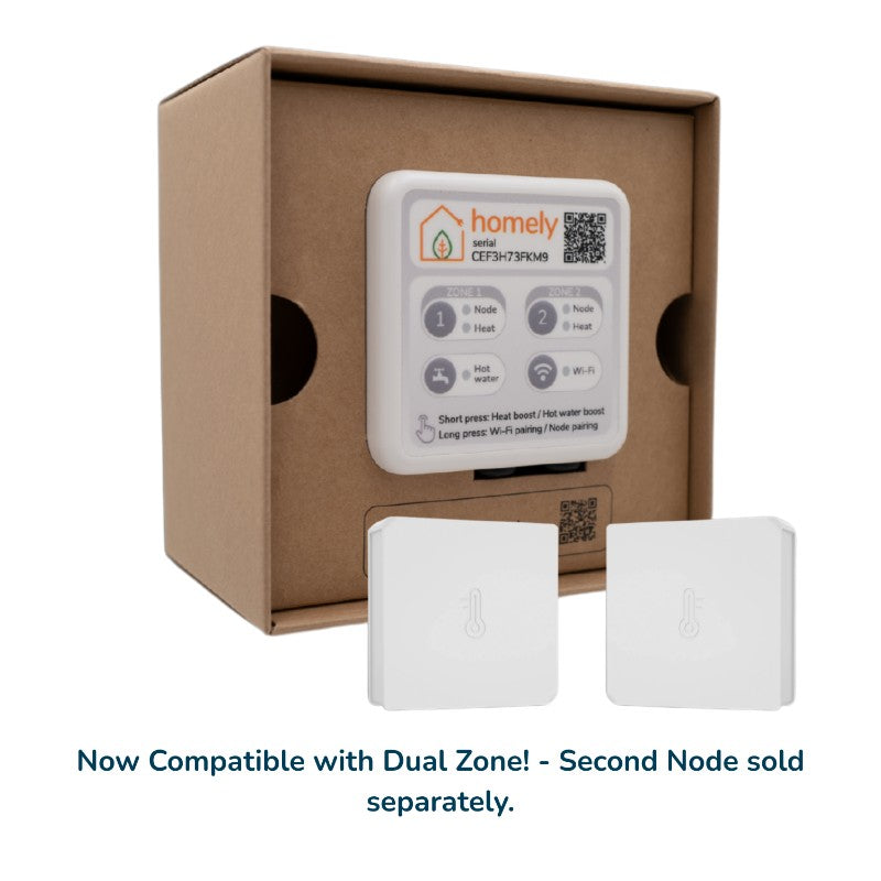 White electronic device with 'homely' branding on a brown box, with text indicating compatibility and additional purchase information.