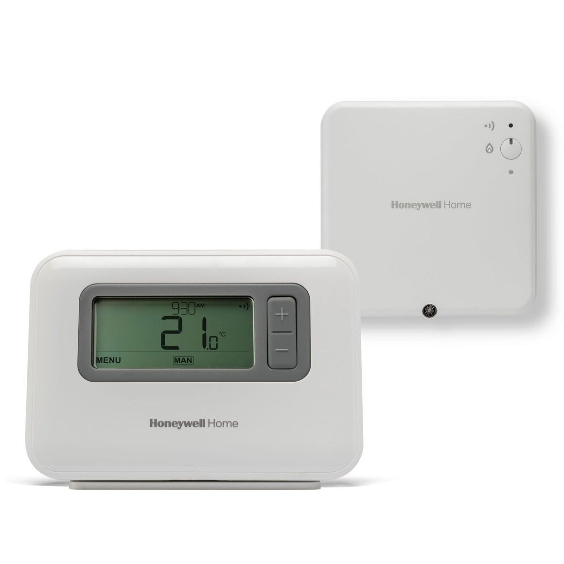 Honeywell Home TR3 smart thermostat and wall controller set in white, shown on a clean white background.