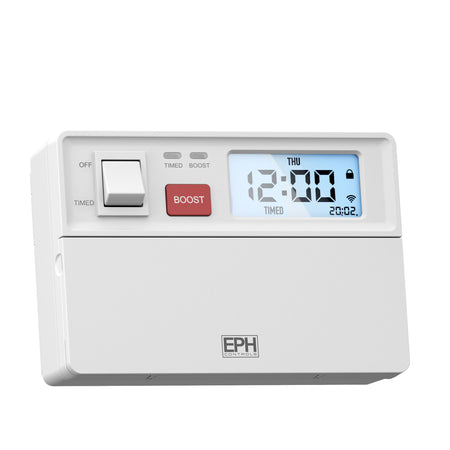 EPH with digital thermostat and control buttons on a white background