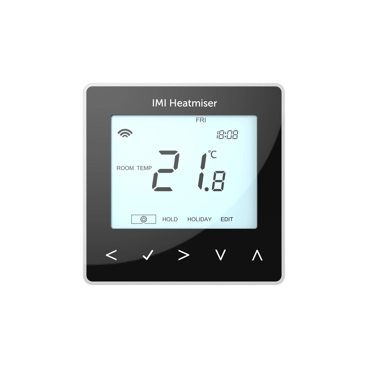 Digital thermostat with IMI Heatmiser branding on a white background