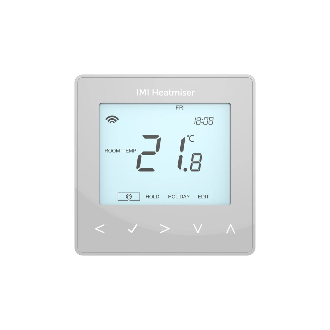 Digital thermostat with screen displaying temperature and time on a white background