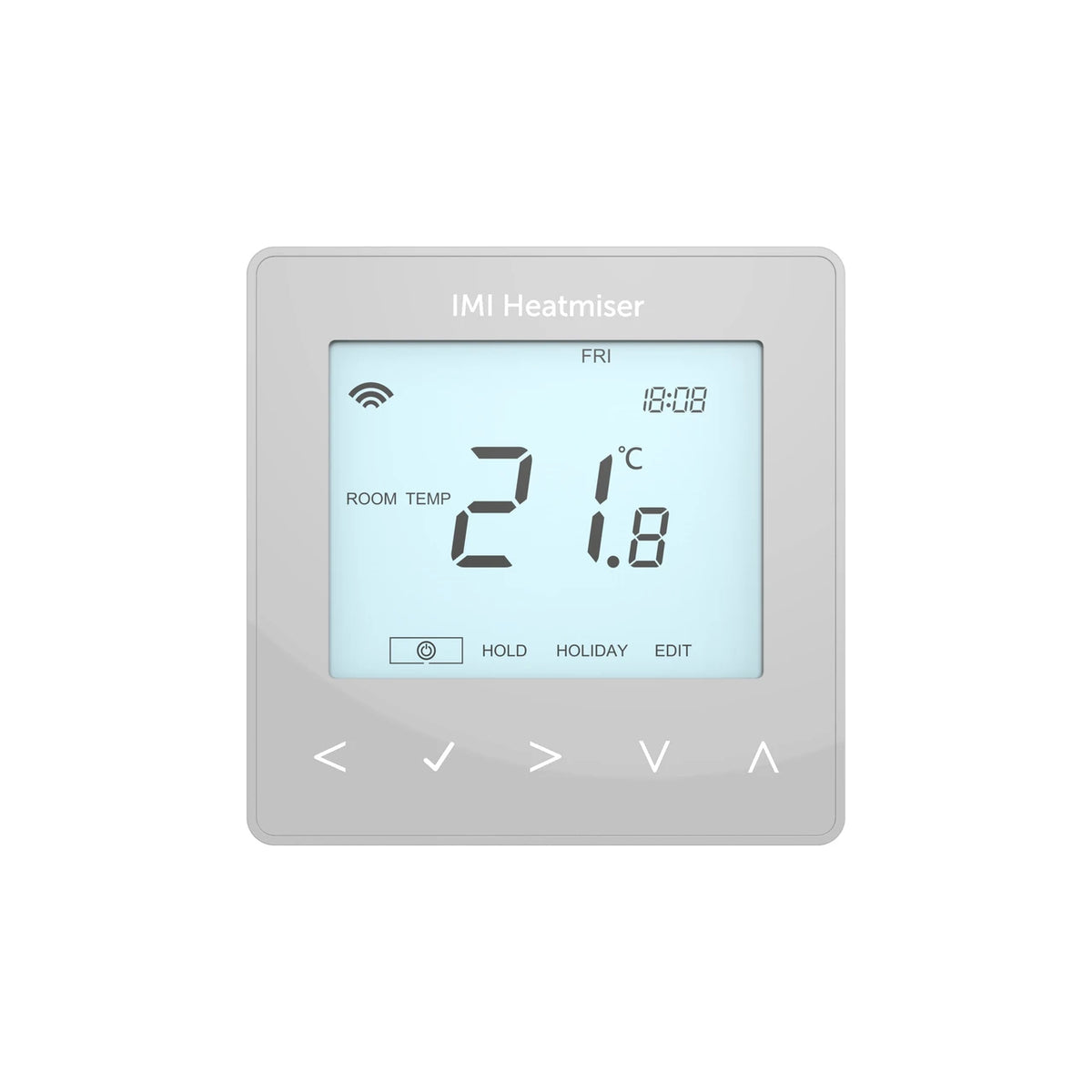 Digital thermostat with screen displaying temperature and time on a white background