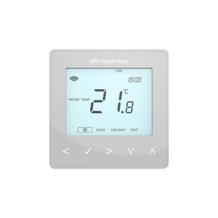 Digital thermostat with screen displaying temperature and time on a white background