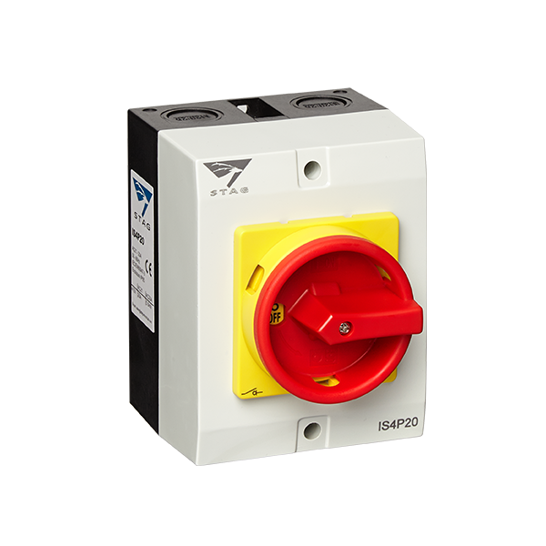 IMO Stag IS4P AC Isolator 4-Pole 20A 32A 40A 63A 100A 125A IP65 EN60947-3 UKCA Solar PV Inverter AC Switch Disconnector Lockable Padlockable Made in UK MCS Compliant