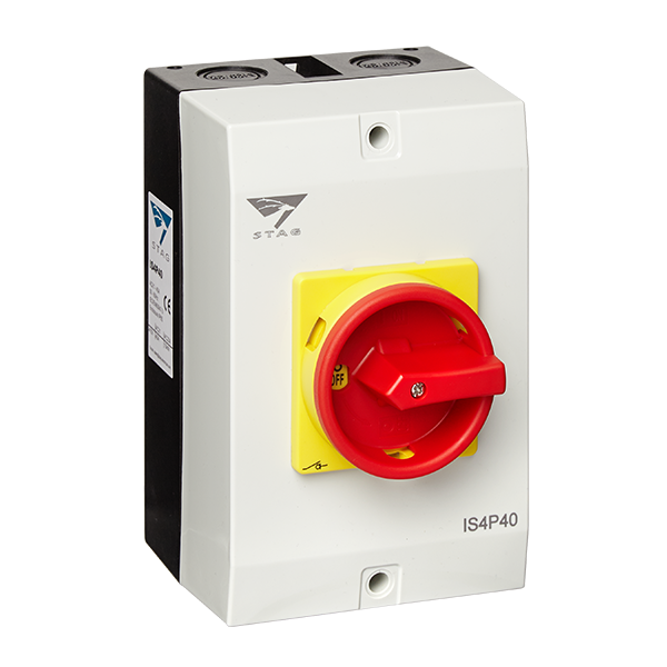 IMO Stag IS4P AC Isolator 4-Pole 20A 32A 40A 63A 100A 125A IP65 EN60947-3 UKCA Solar PV Inverter AC Switch Disconnector Lockable Padlockable Made in UK MCS Compliant