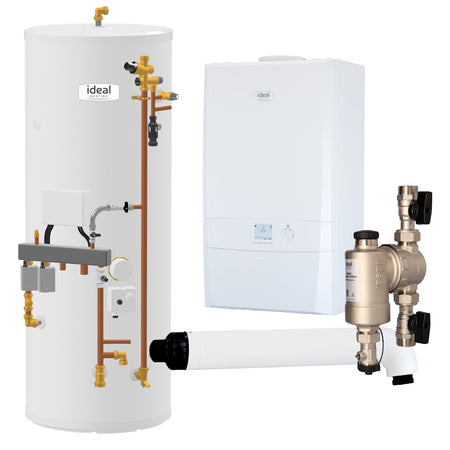 Ideal water heater system kit including a large white cylindrical tank with copper piping and brass valves, a white boiler unit, and a brass pressure gauge and regulator assembly on a white background.