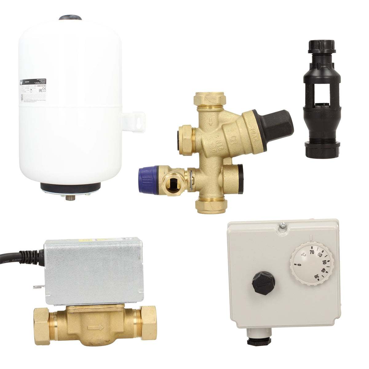 Ideal Pro unvented cylinders installation kit including valves, expansion tank, and control unit.