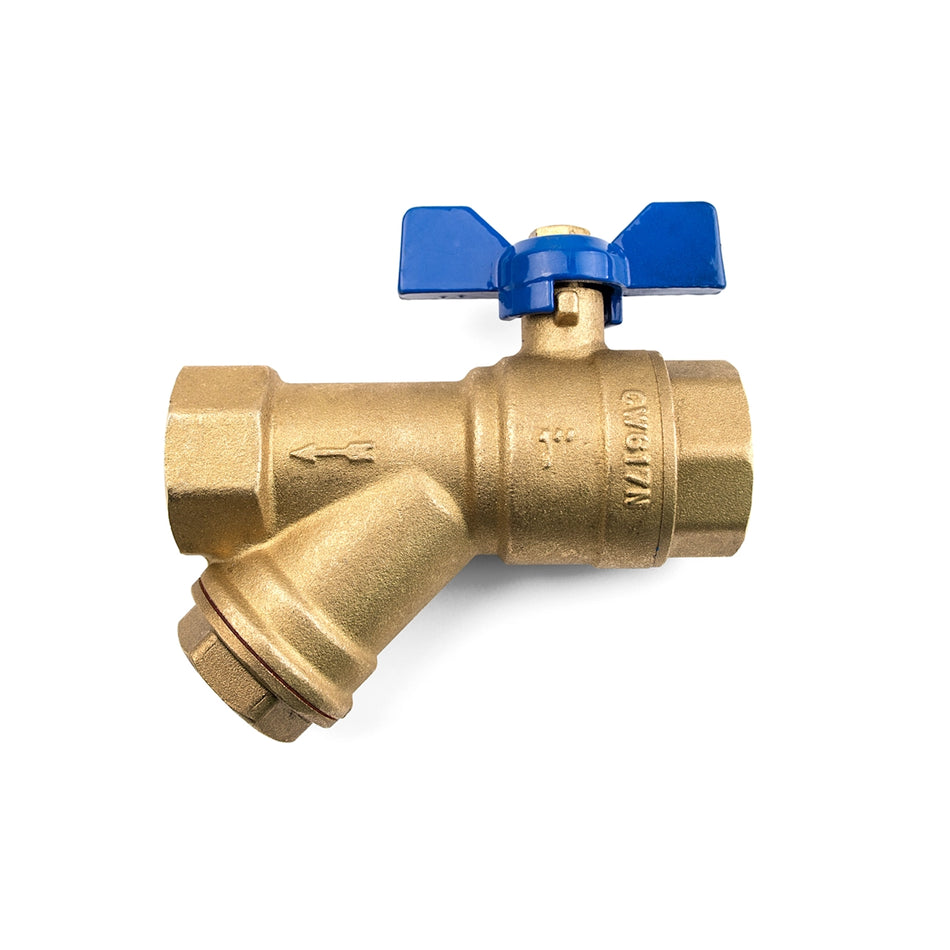 Brass Y-type valve with blue handle on a white background