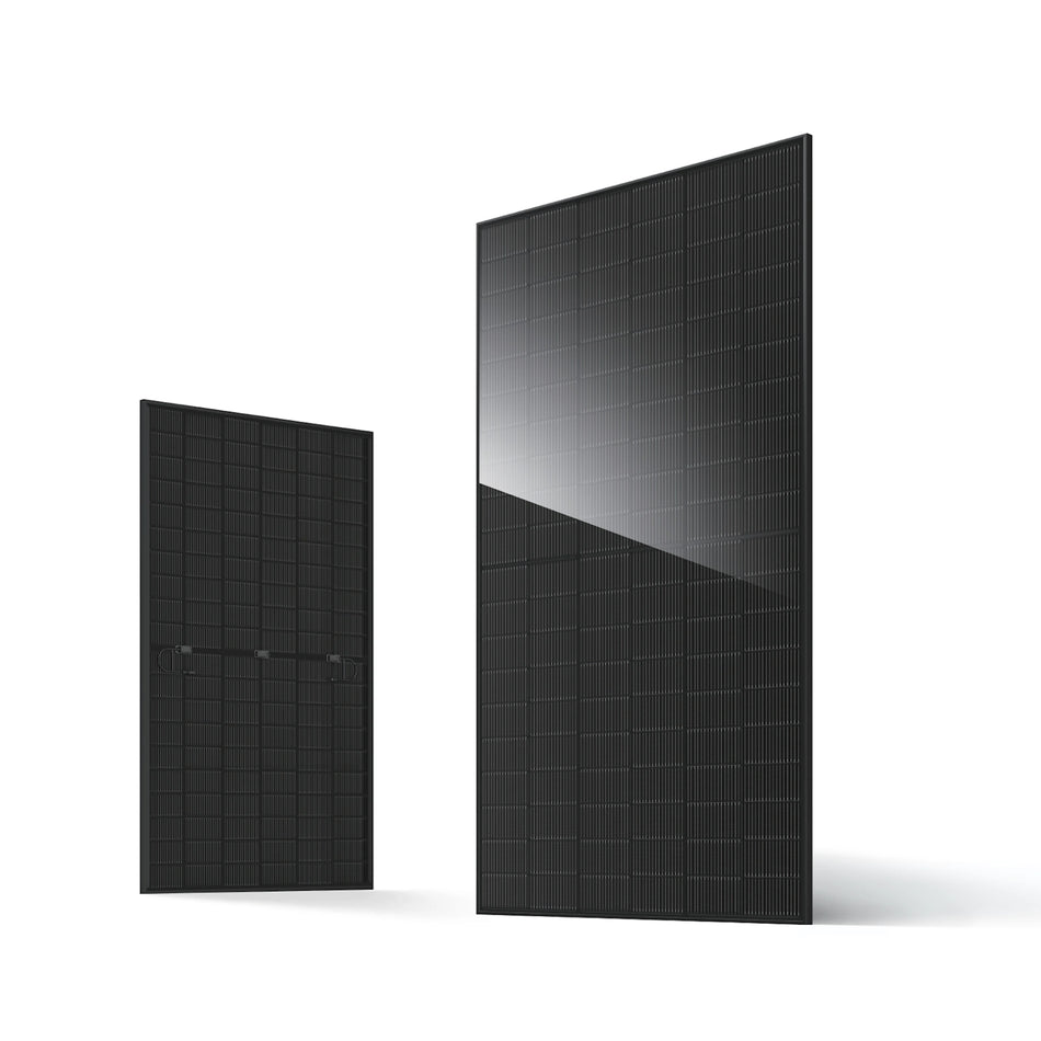 Two black solar panels on a white background