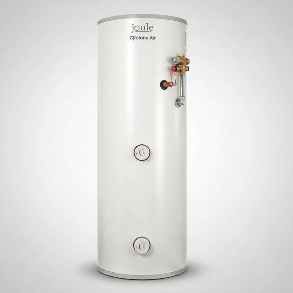 A white Joule Cyclone Air cylindrical electric direct water heater shown against a light gray gradient background.