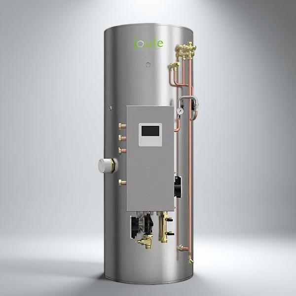 Joule Kodiak Indirect Standard High Gain Pre Plumbed Cylinder – 300L shiny cylinder with integrated plumbing features