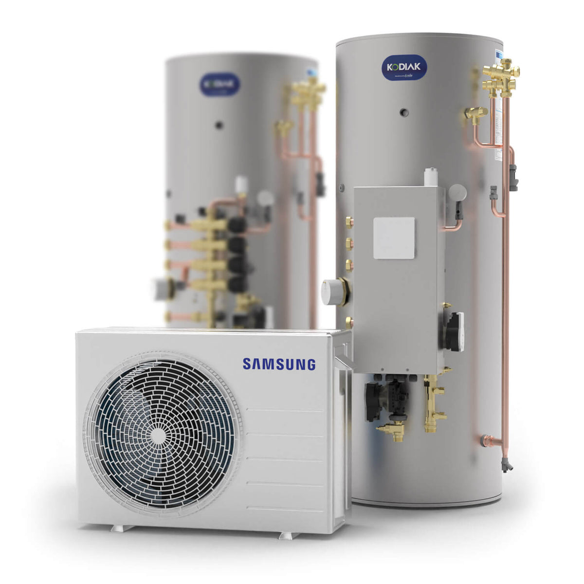 Joule Samsung 4.35kW Heat Pump alongside Kodiak 170L cylinders for efficient heating solutions.