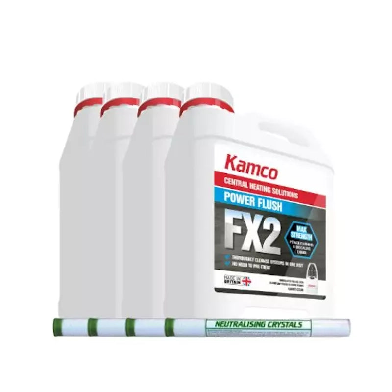 Kamco FX2 Power Flushing Chemical 4-Pack | BFX205 | 4 × 2.5L + Neutralising Crystals | Professional Heating System Flush | Sludge & Scale Remover