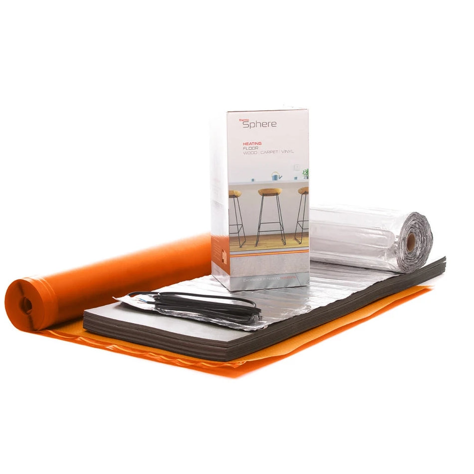 Roll of thermosphere foil electric underfloor heating mat with underlay and overlay in the a box on a white background